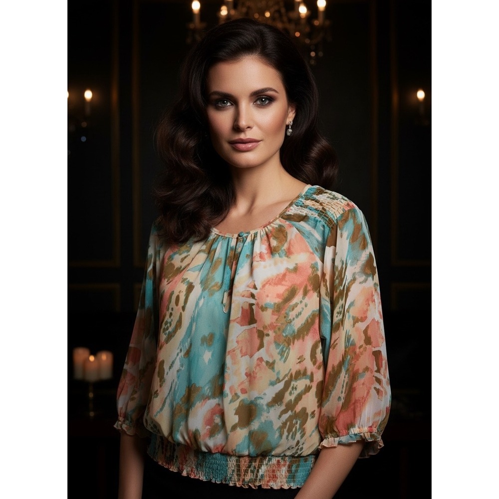 Apt 9 Top Women Medium Petite Festive Ruffle Smock Colorful Flowy Beach
